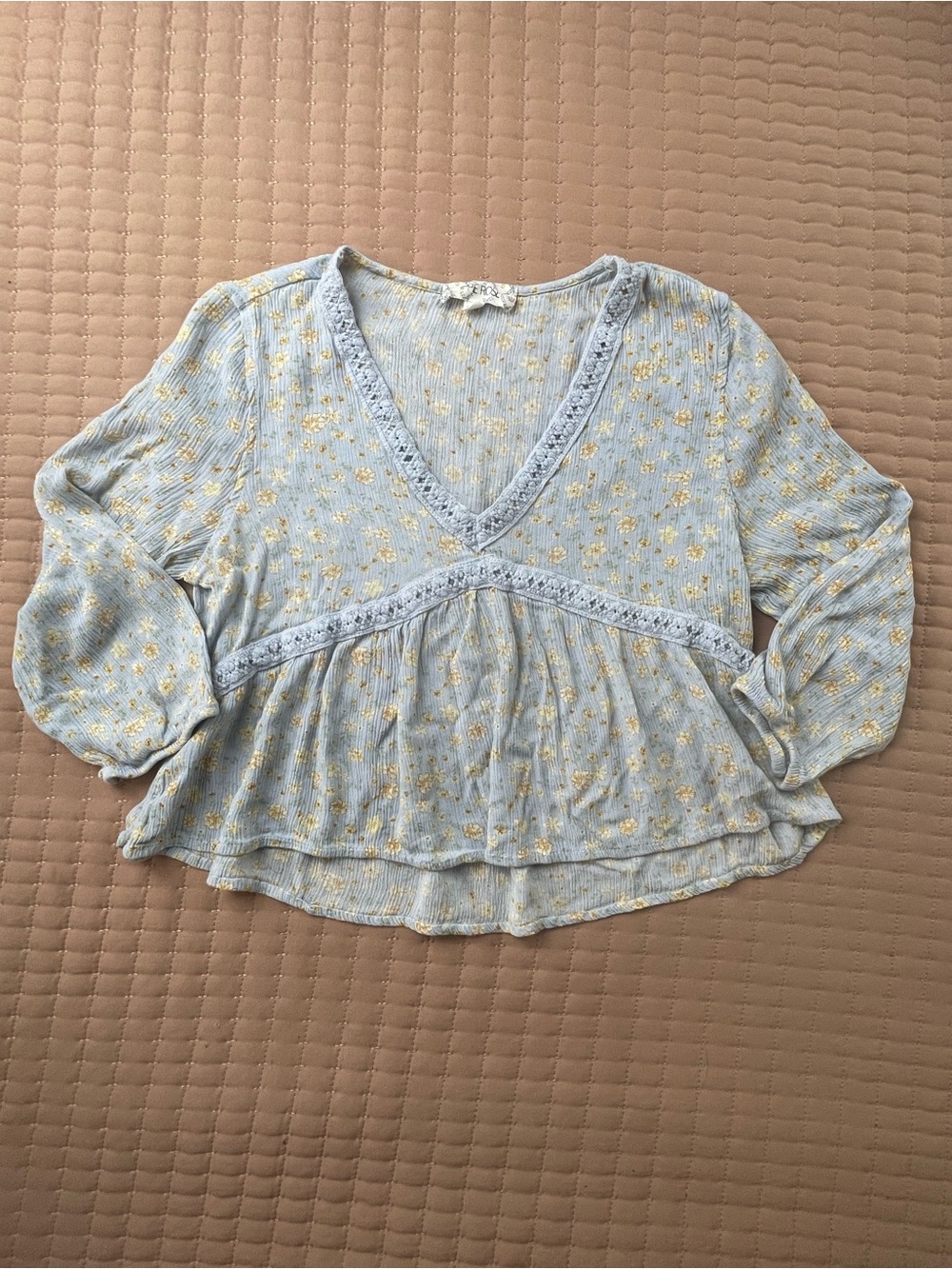 Hippie Rose Light Blue V-Neck Floral cropped Peasant Blouse XS